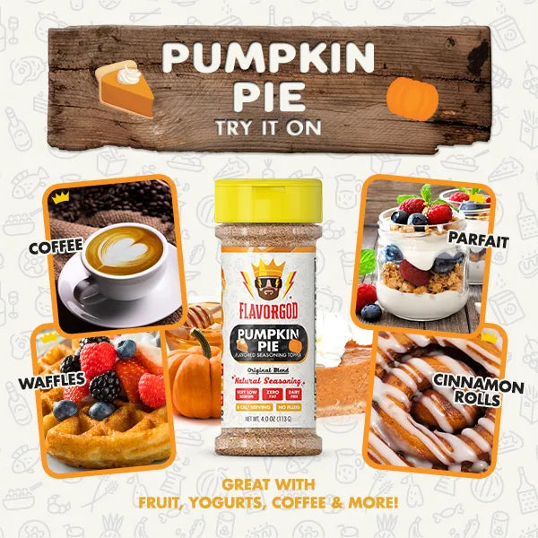 FlavorGod Pumpkin Pie Seasoning with coffee and fall foods