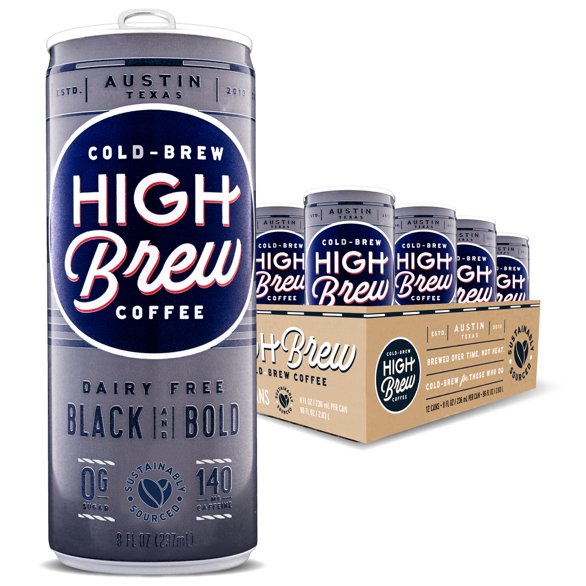 High Brew Black & Bold Cold Brew Coffee can beside branded multipack case packaging