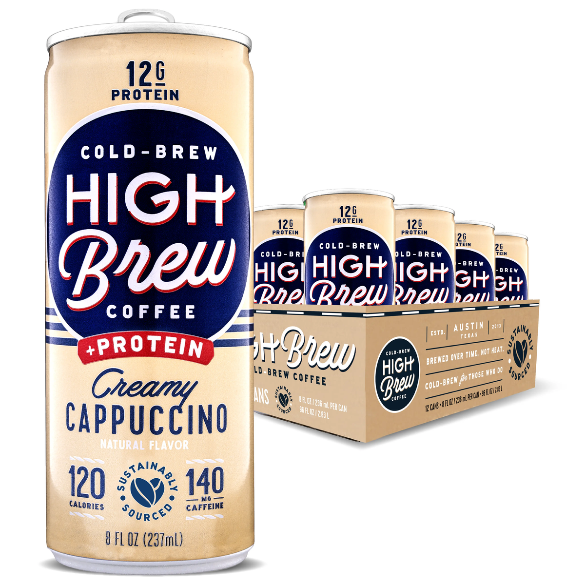 High Brew Creamy Cappuccino Protein Cold Brew Coffee can displayed with branded multipack packaging