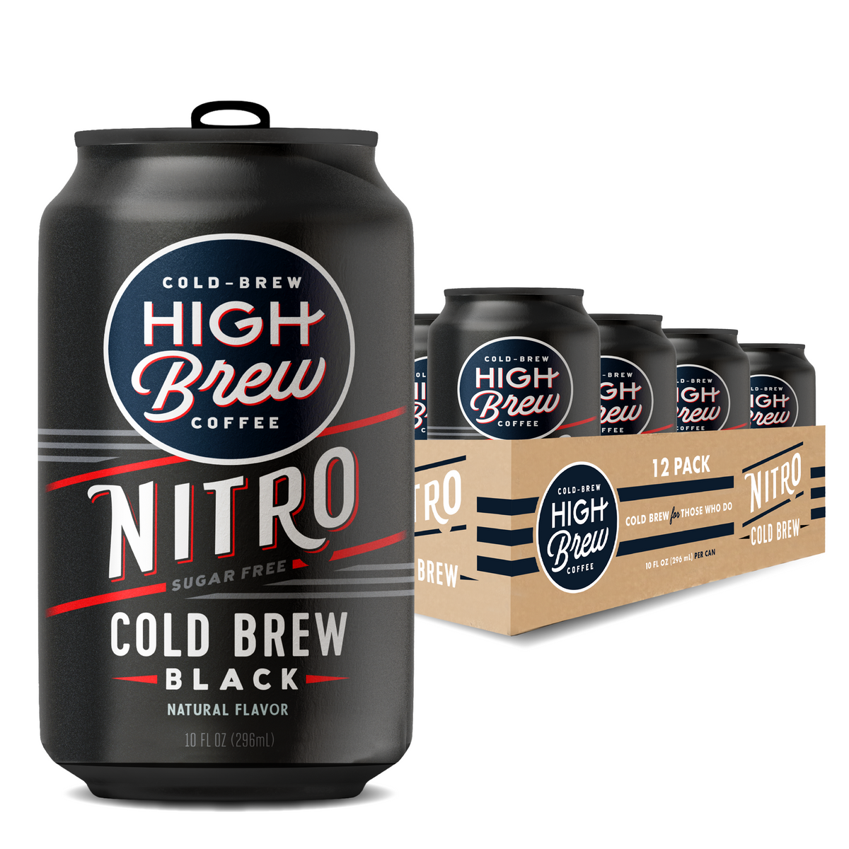 High Brew Nitro Black Cold Brew Coffee can with branded 12-pack case packaging