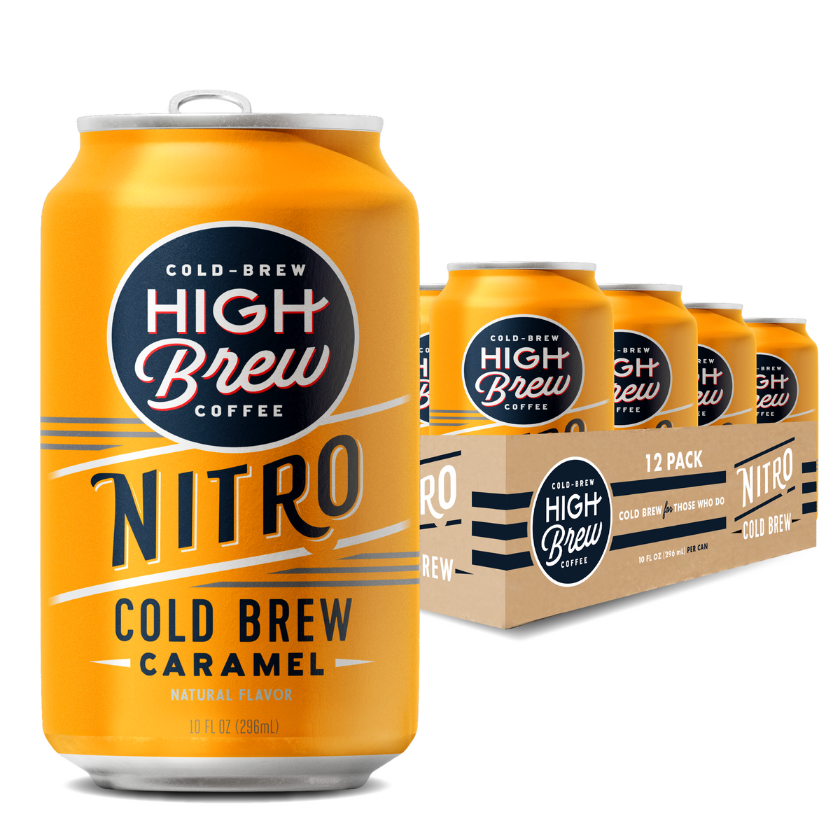 High Brew Nitro Caramel Cold Brew Coffee can displayed beside branded multipack case packaging