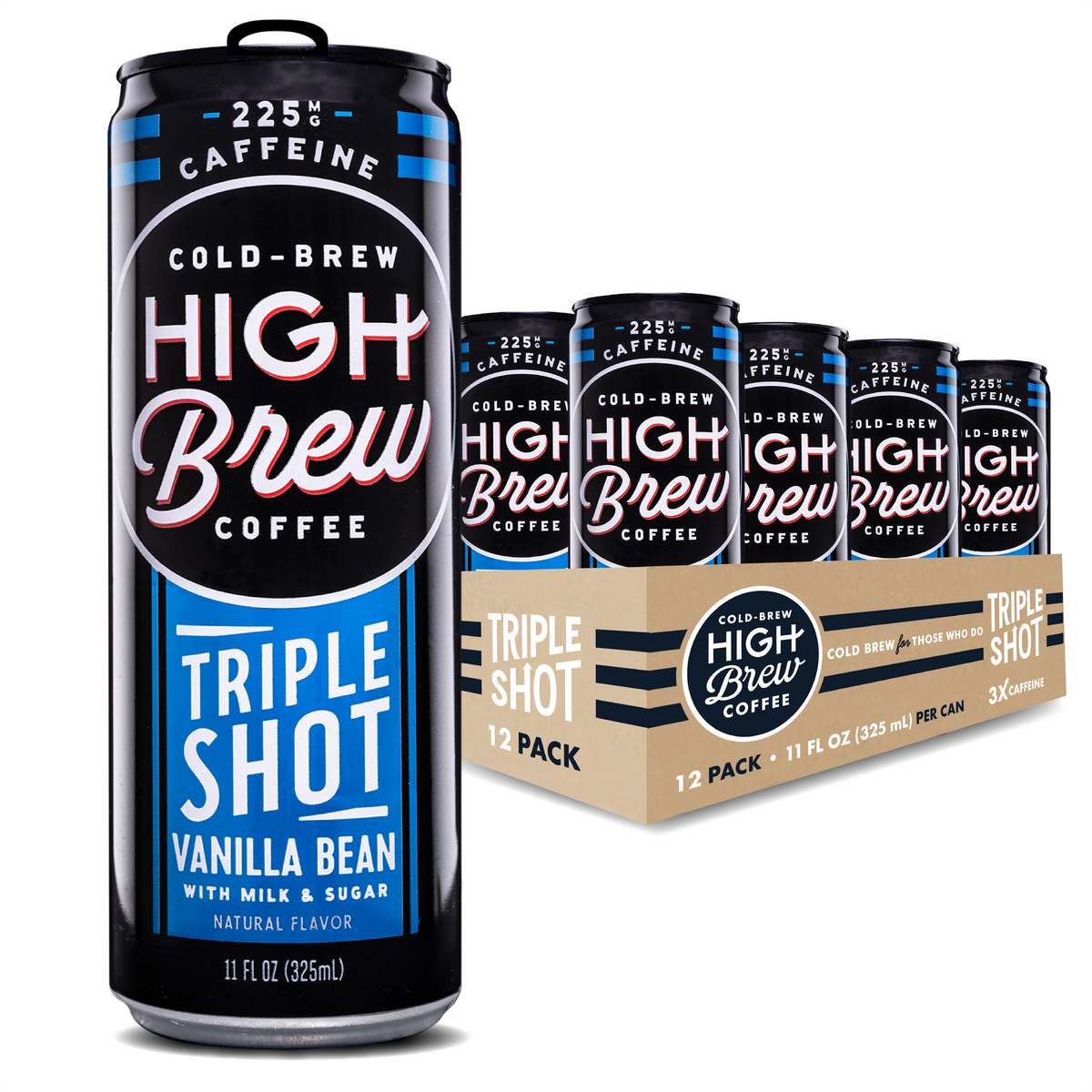 High Brew Vanilla Bean Triple Shot Cold Brew Coffee cans displayed with branded case packaging