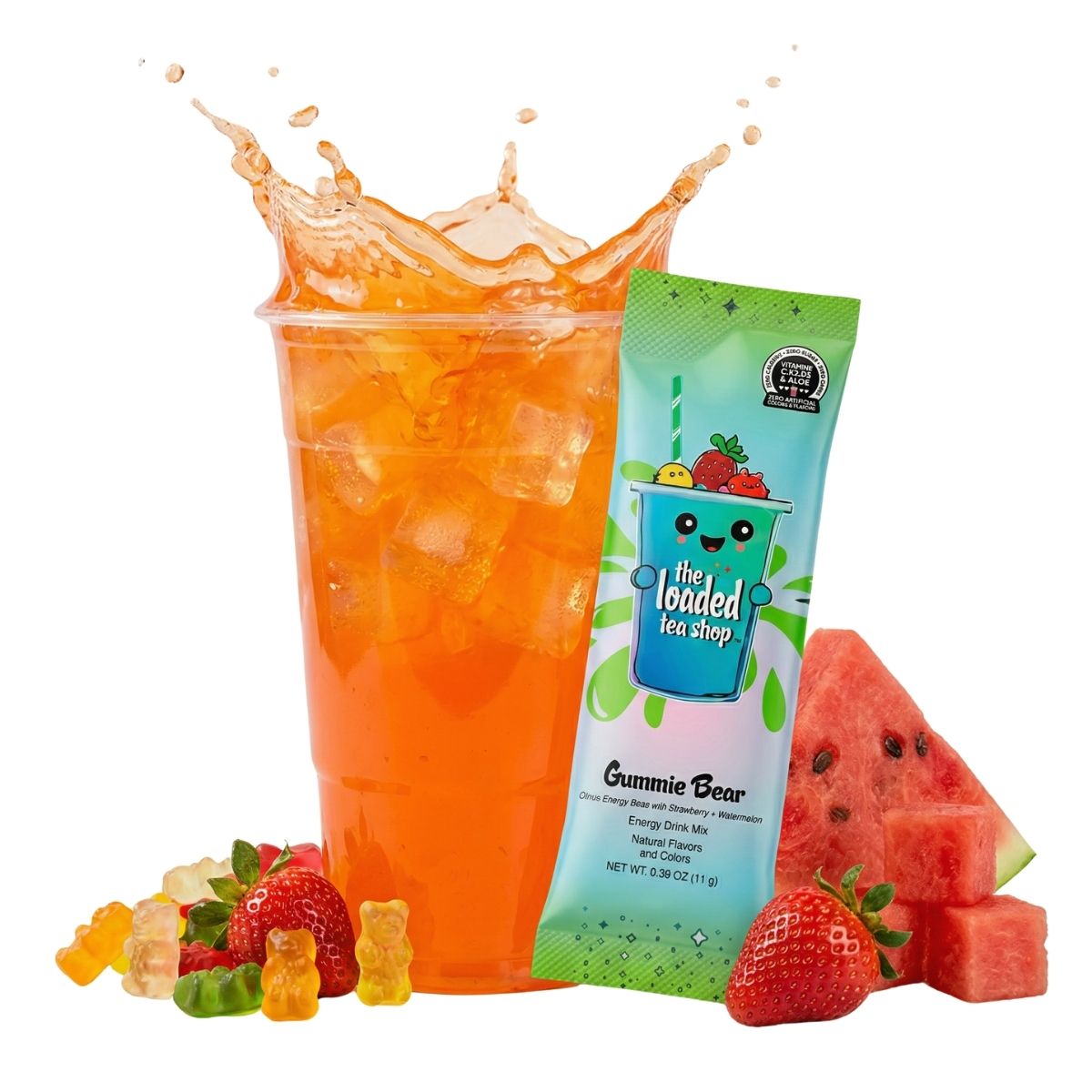 Loaded Tea Shop Gummie Bear energy drink mix packet with orange iced tea, strawberries, watermelon and gummy bears