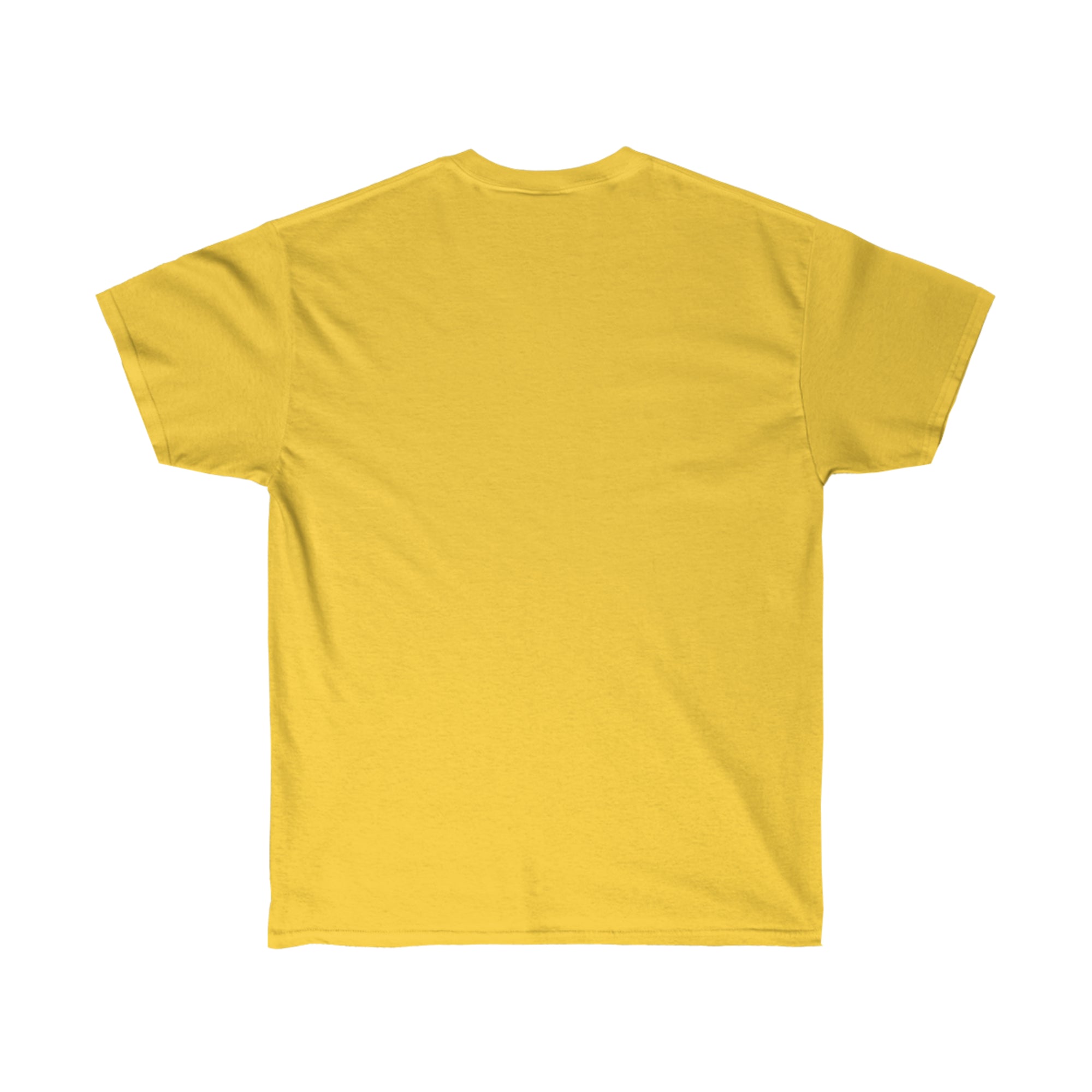Back of a yellow virtrue shirt.