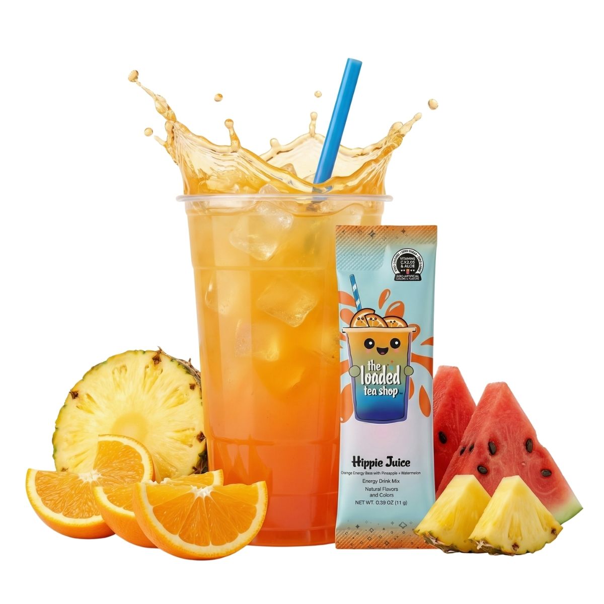 Loaded Tea Shop Hippie Juice energy drink mix packet with orange iced tea, watermelon and pineapple