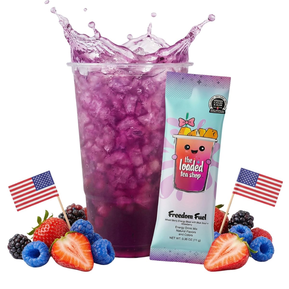 Loaded Tea Shop Freedom Fuel energy drink mix packet with purple iced tea, strawberries, blueberries and American flags