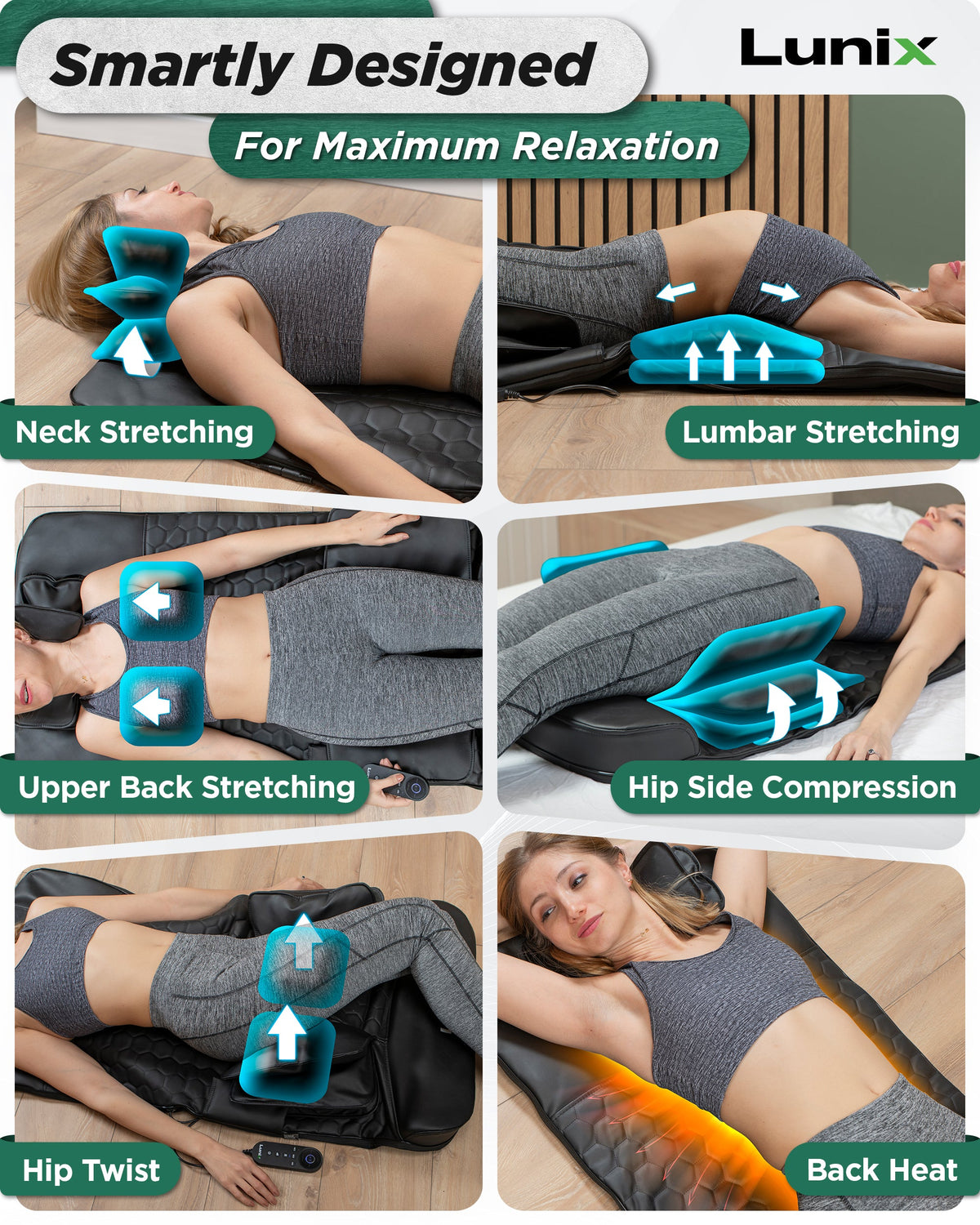 Lunix LX27 stretching and massage modes for back neck hips and legs