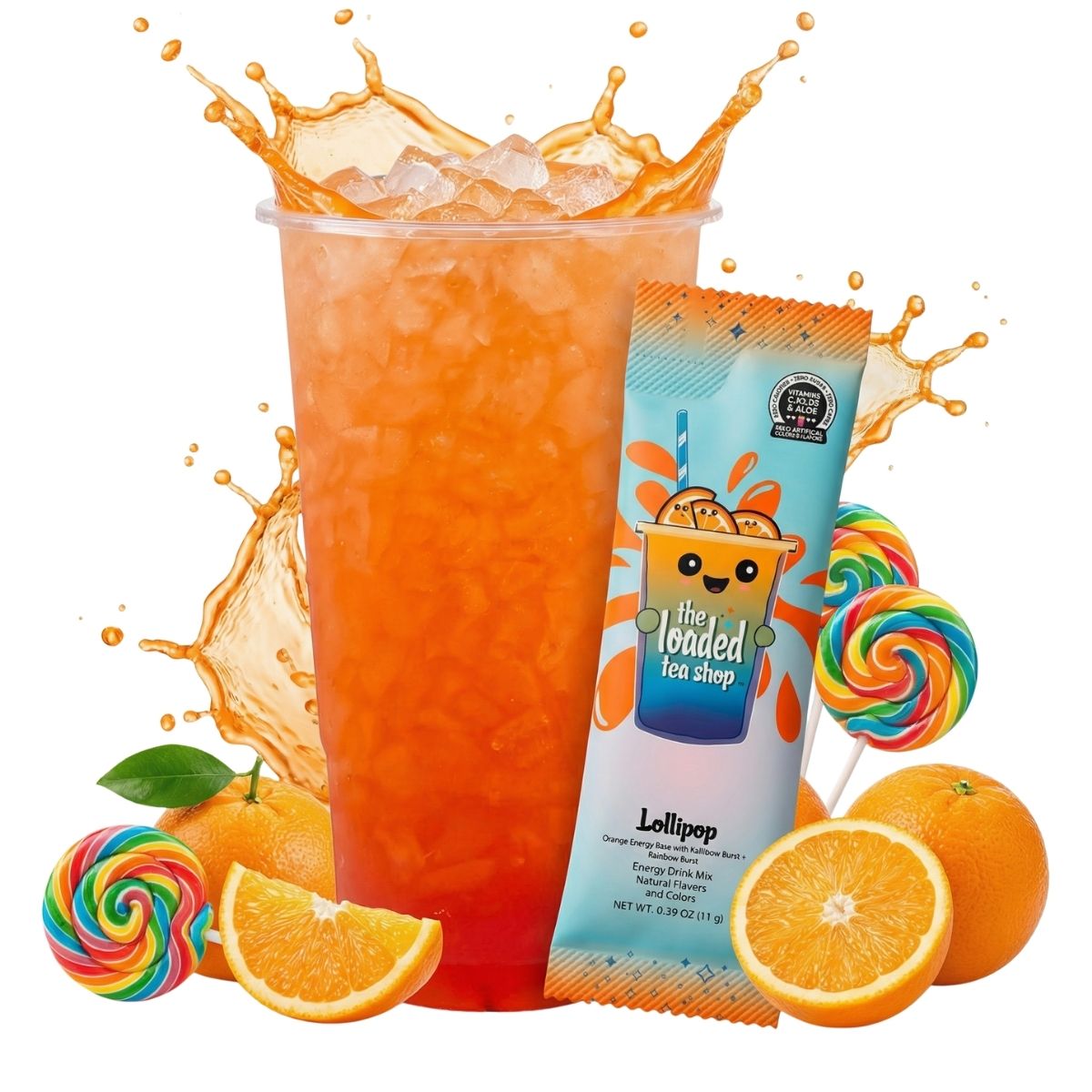 Loaded Tea Shop Lollipop energy drink mix packet with orange iced tea, oranges and rainbow lollipops