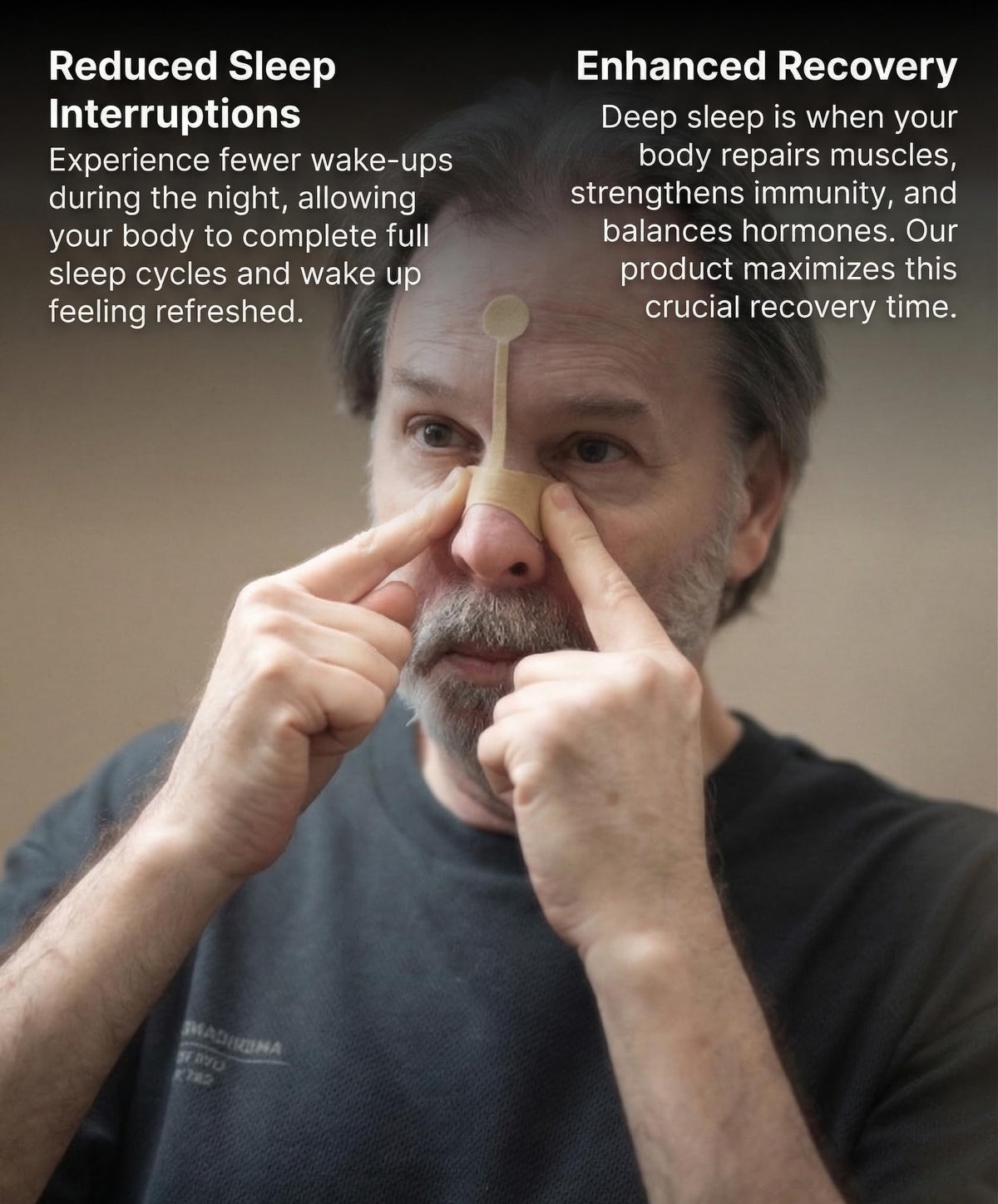 BreatheUp tan nasal strip shown during use