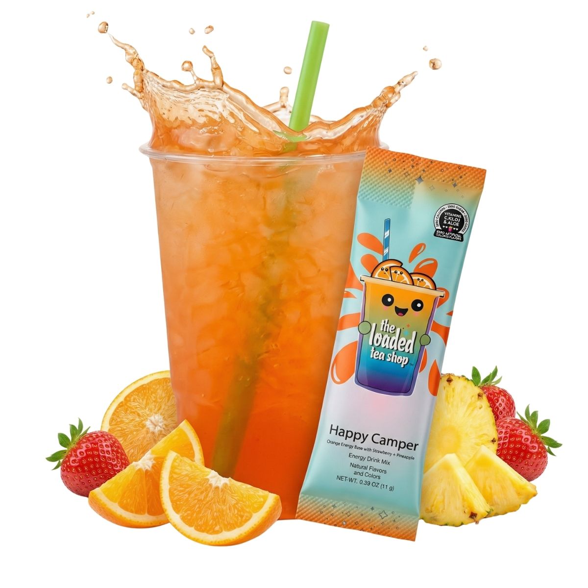 Loaded Tea Shop Happy Camper energy drink mix packet with orange iced tea, strawberries, pineapple and orange slices