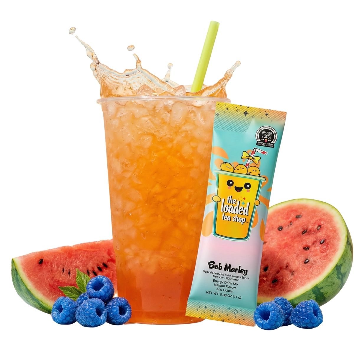 Loaded Tea Shop Bob Marley energy drink mix packet with iced loaded tea, watermelon and blueberries