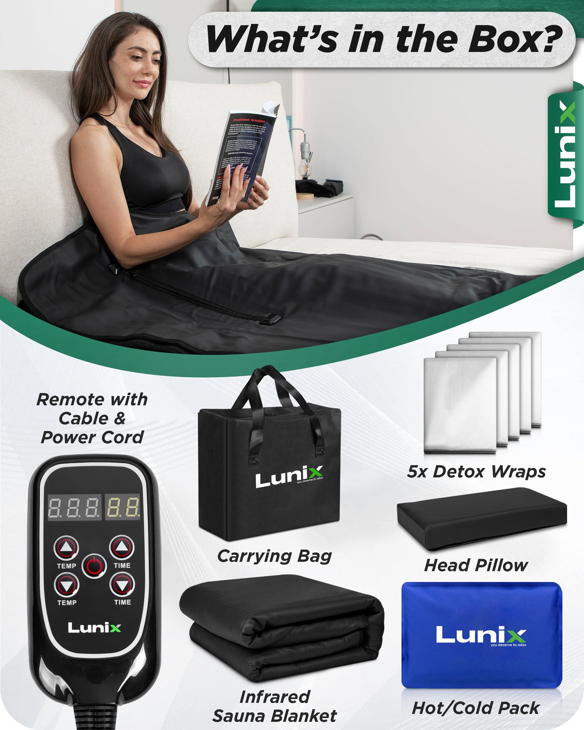 Lunix LX17 portable sauna blanket and included accessories