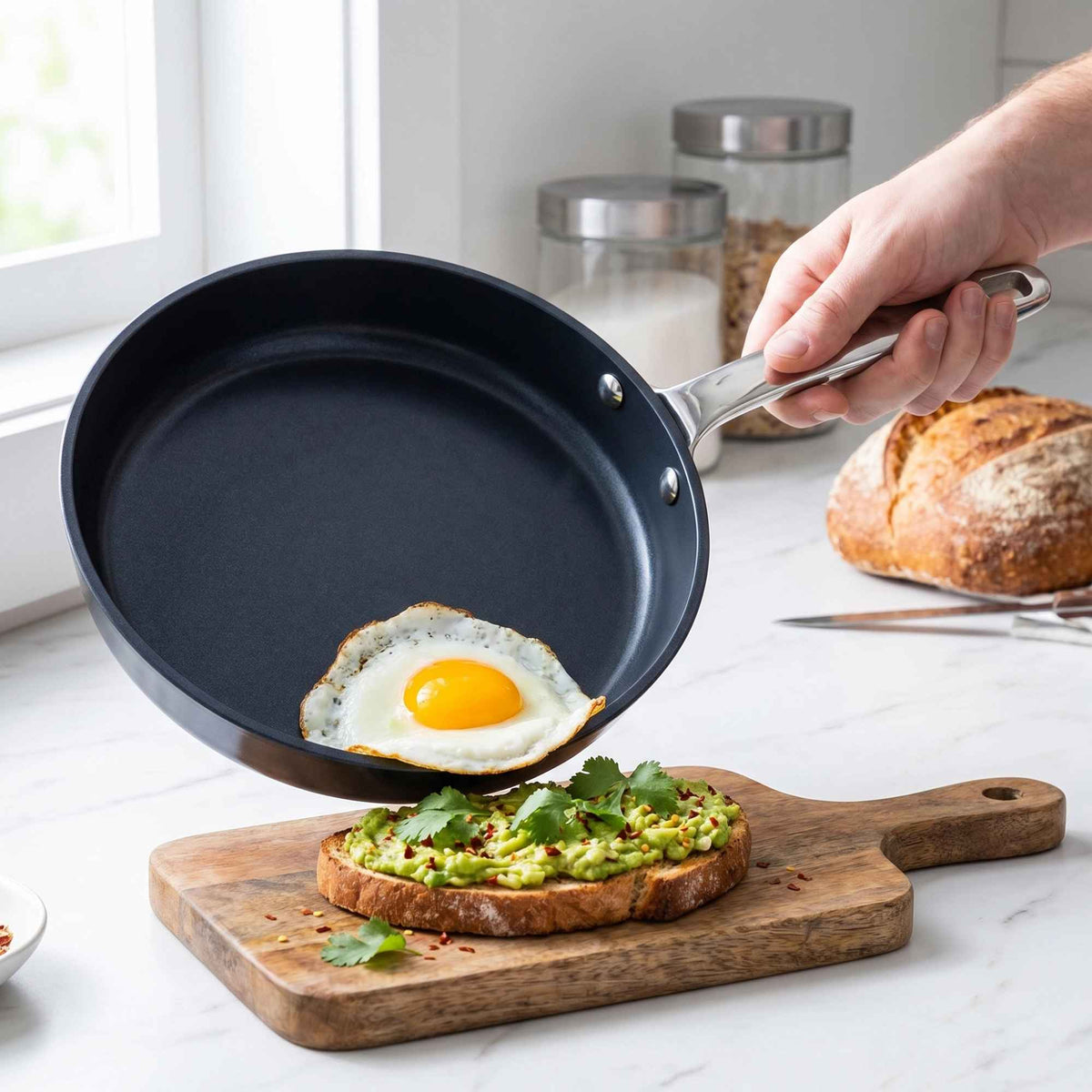 Alva ceramic nonstick frying pan used to prepare a fried egg for breakfast
