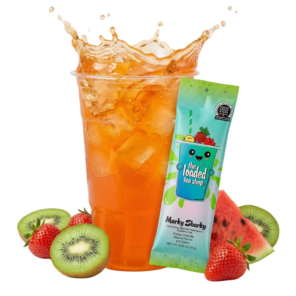 Loaded Tea Shop Marky Sharky energy drink mix packet with iced orange tea, strawberries, kiwi and watermelon