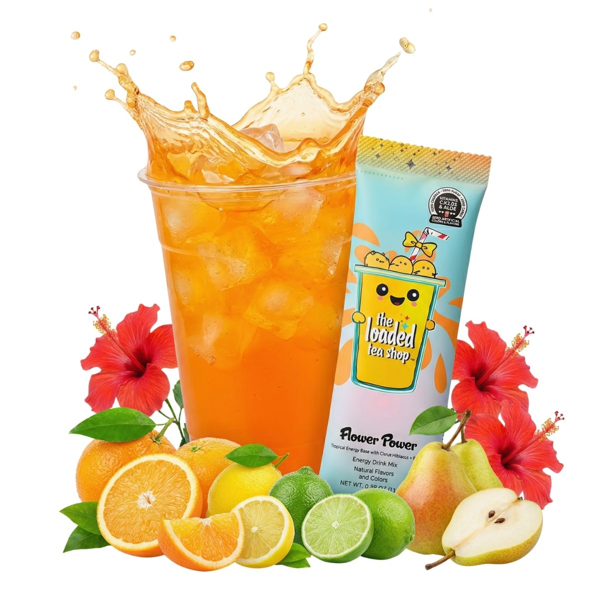 Loaded Tea Shop Flower Power energy drink mix packet with orange iced tea, hibiscus flowers, citrus slices and pear