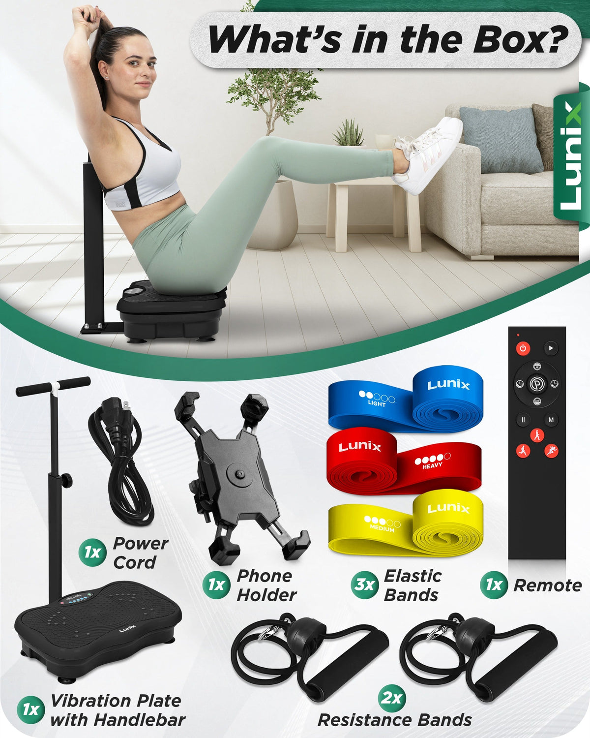 Lunix LX18 vibration plate accessories and included equipment
