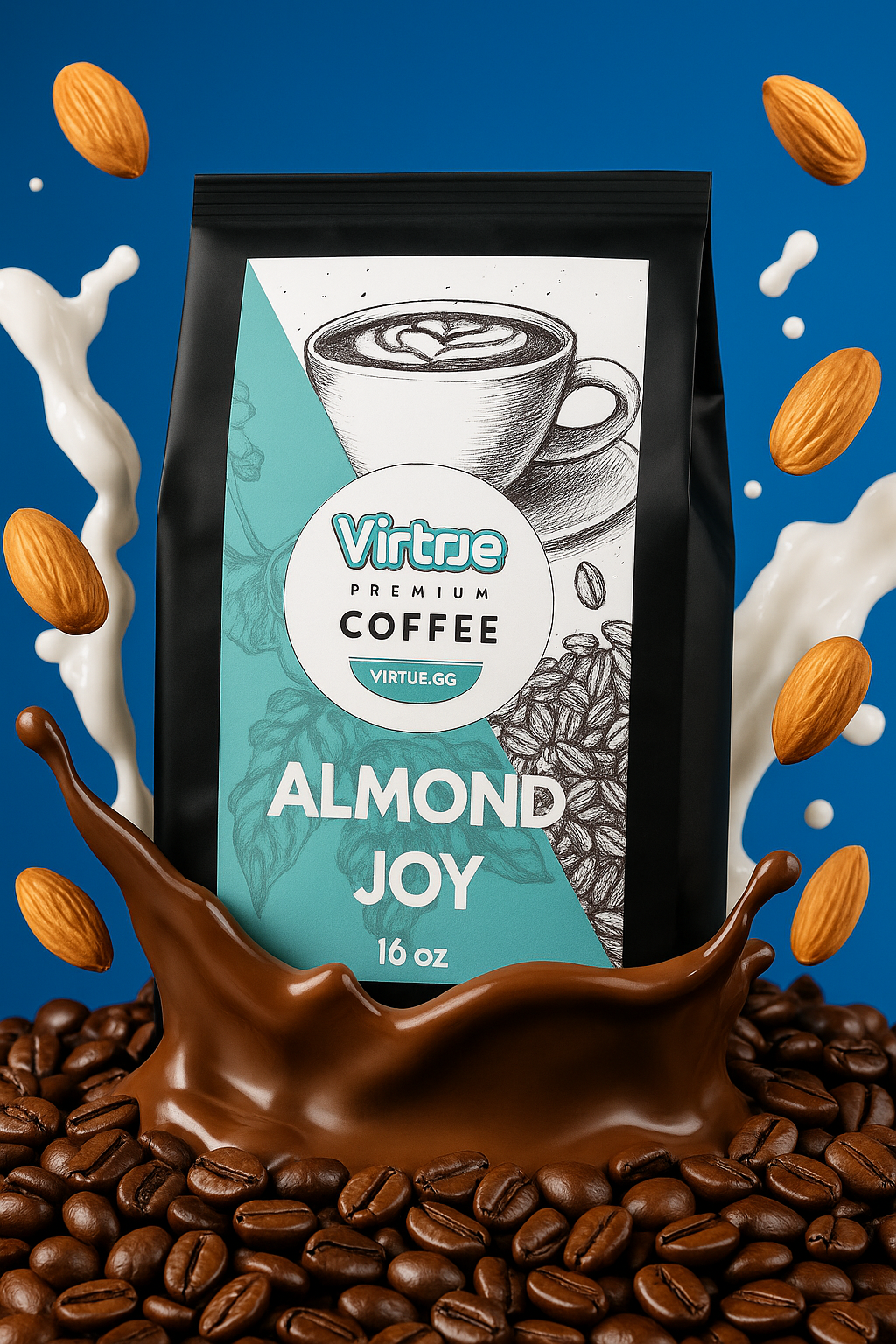 Virtrue Almond Joy Coffee package with almonds and chocolate on a blue background