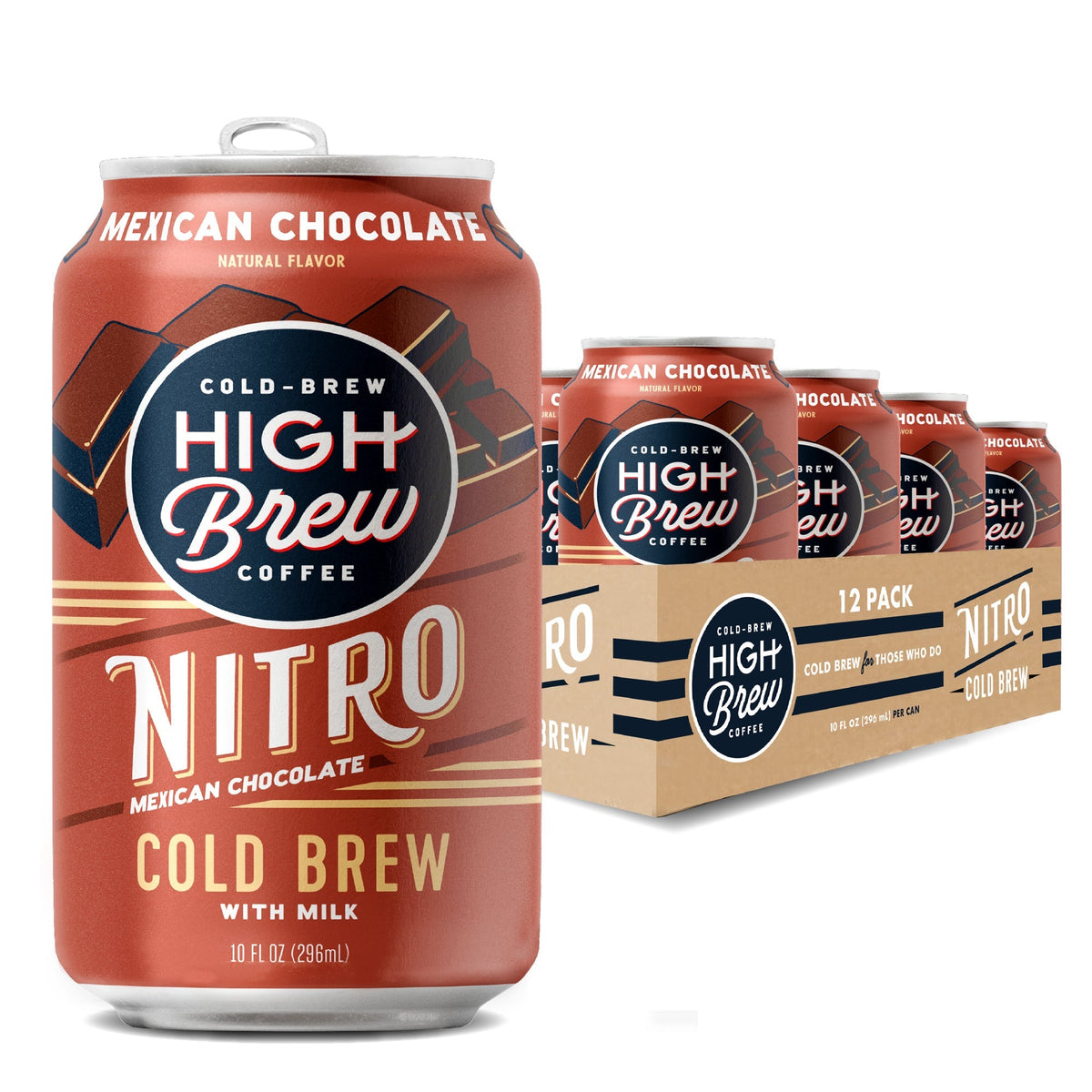 High Brew Nitro Mexican Chocolate Cold Brew Coffee can displayed beside multipack case packaging