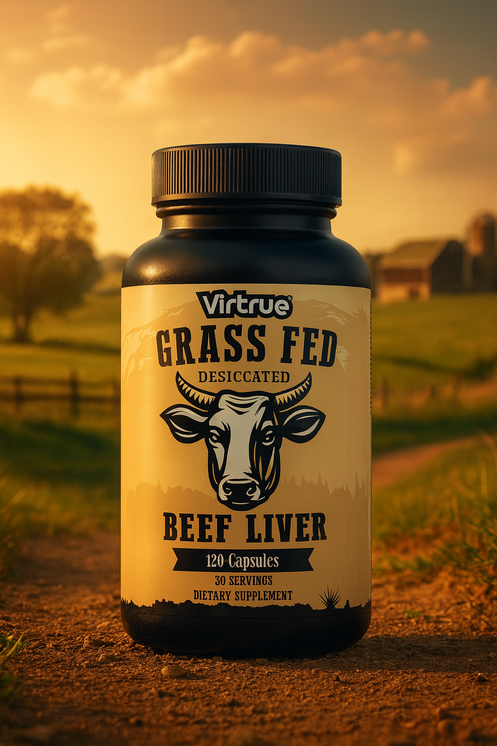 Bottle of Virtrue Grass Fed Beef Liver capsules with a sunset over a field in the background