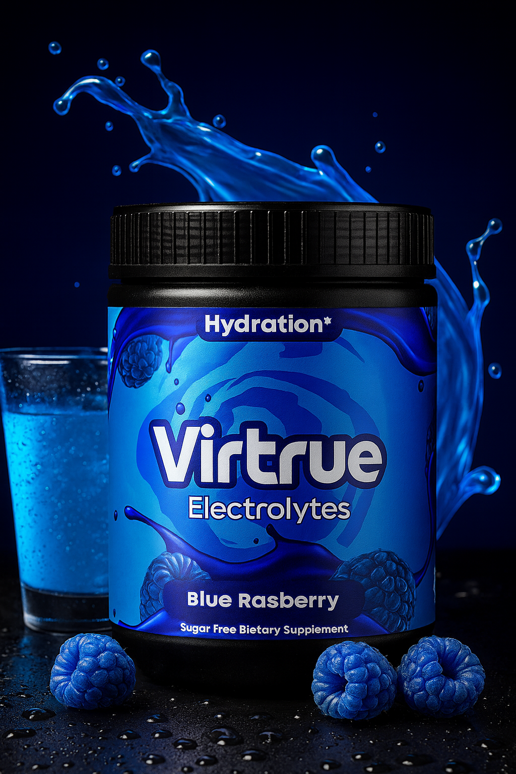 Virtrue blue raspberry electrolyte supplement with blue raspberry flavor, shown with a glass of water and raspberries on a dark background.