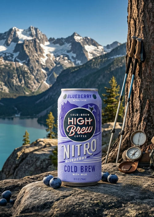 High Brew Nitro Blueberry Cold Brew Coffee can on rocky mountain overlook