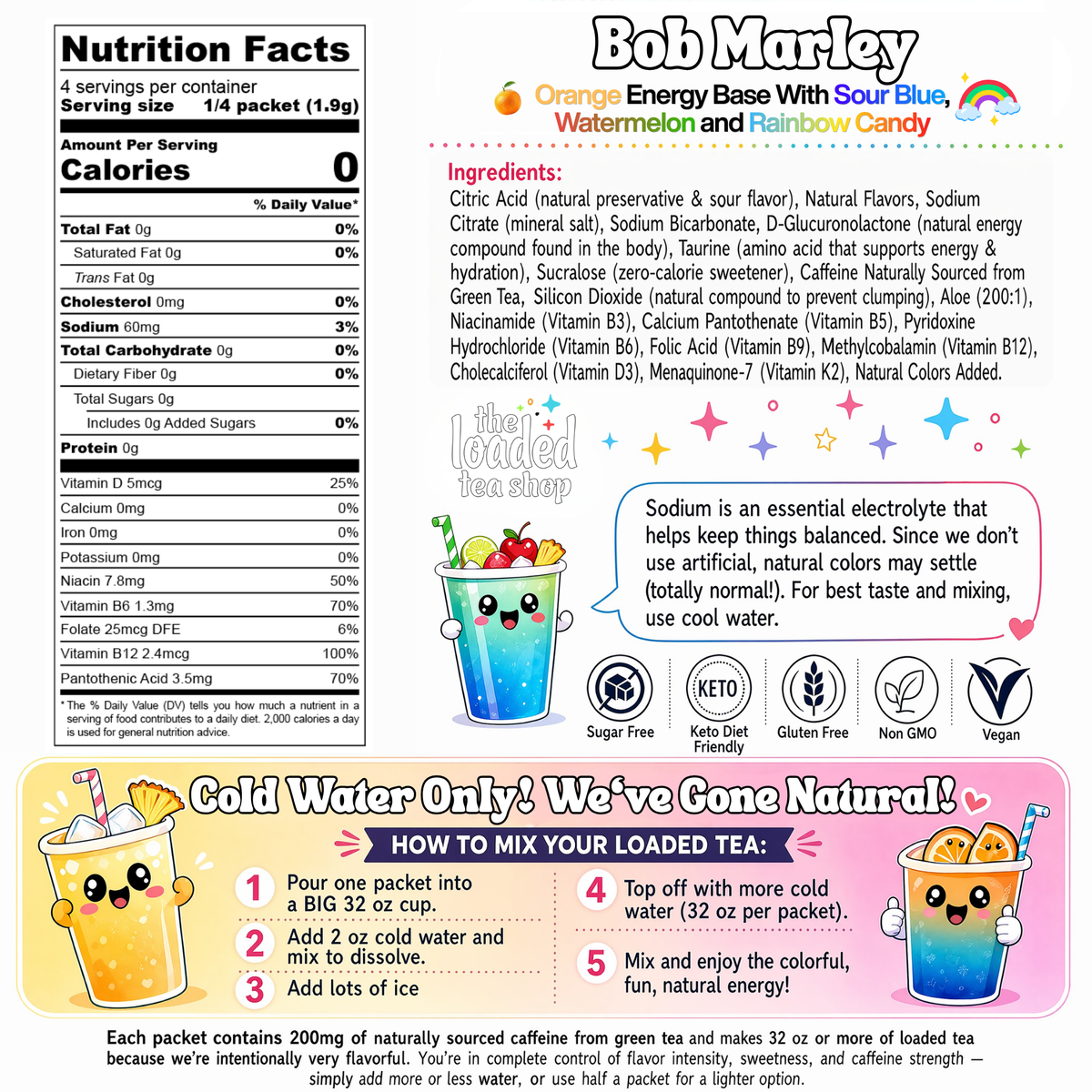 Bob Marley loaded tea nutrition facts, ingredients, caffeine content and preparation directions