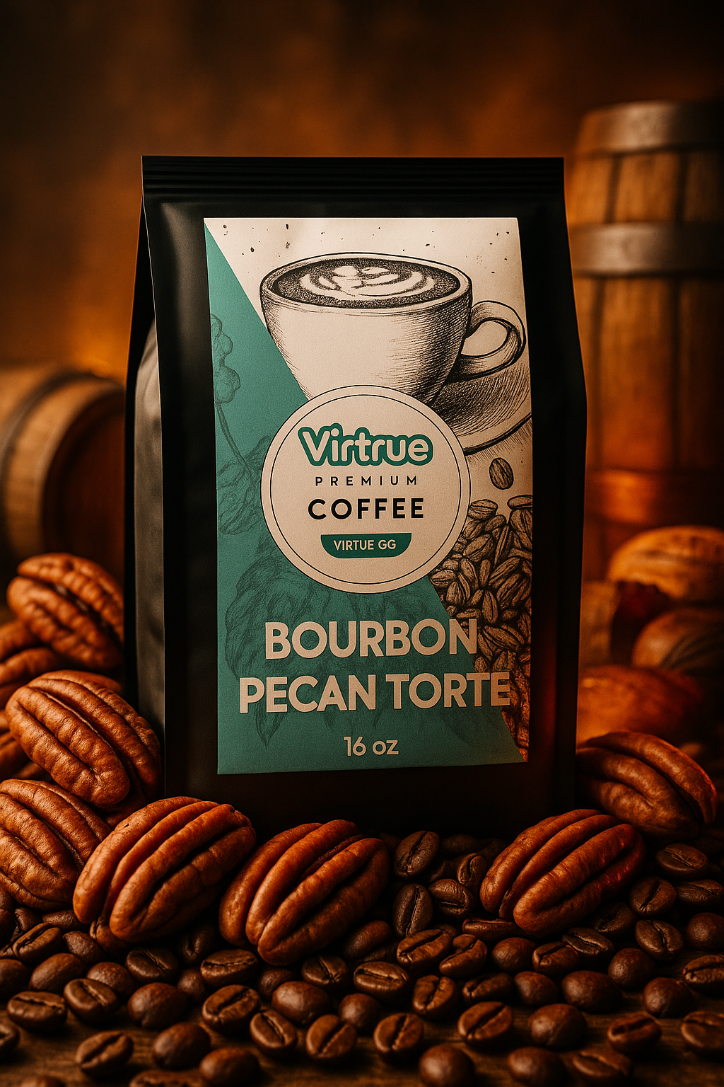 Virtrue Bourbon Pecan Torte Coffee package surrounded by pecans and coffee beans on a wooden background