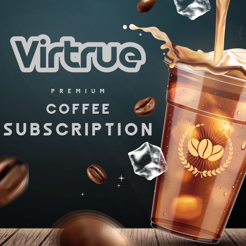 Promotional image for Virtrue Coffee Subscription featuring a glass of iced coffee with ice cubes and coffee beans in the foreground, with the brand logo and the text 'Premium Coffee Subscription' prominently displayed.