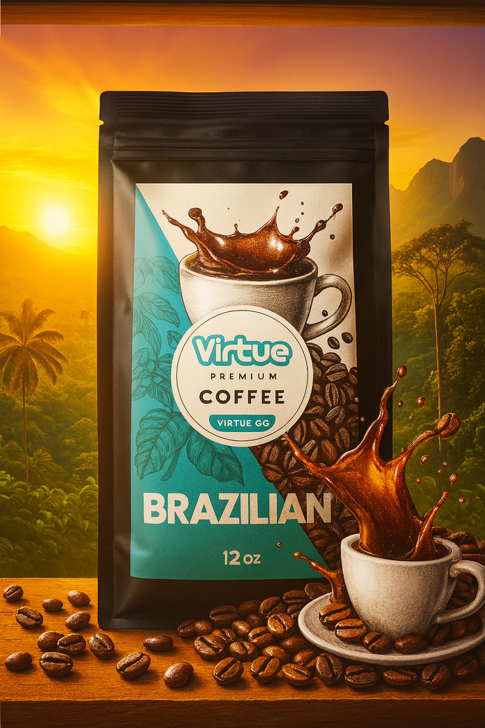 Virtue Brazilian coffee package with coffee beans and a scenic background