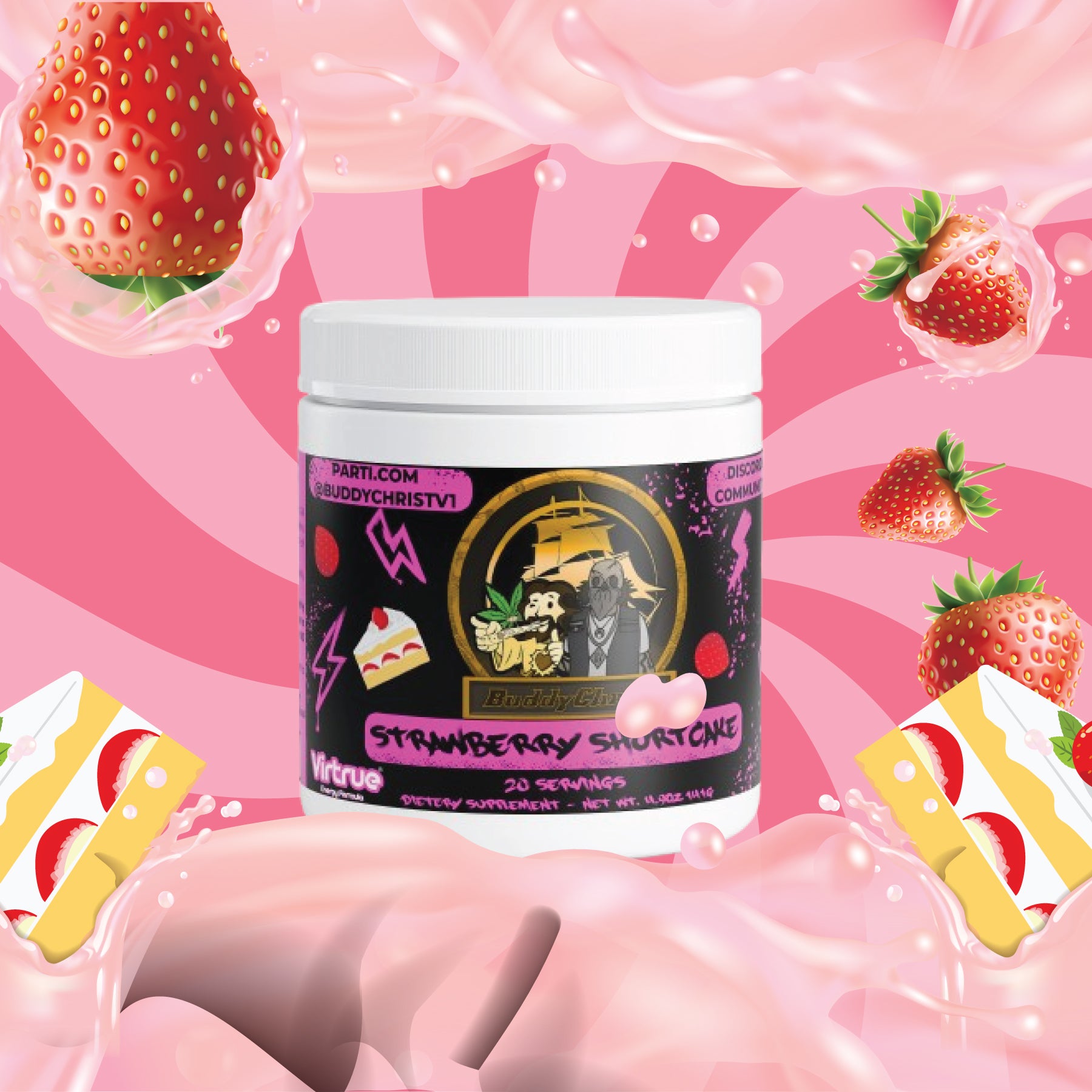 Supplement container with strawberry shortcake flavor on a pink background with strawberries and cake slices.