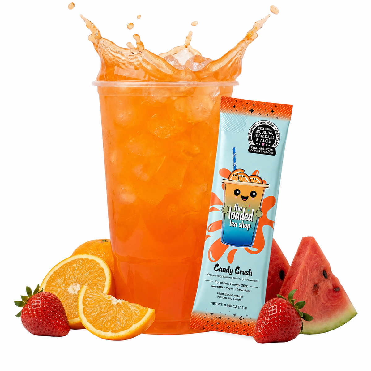 Loaded Tea Shop Candy Crush energy drink mix packet with orange iced tea, strawberries, watermelon and orange slices