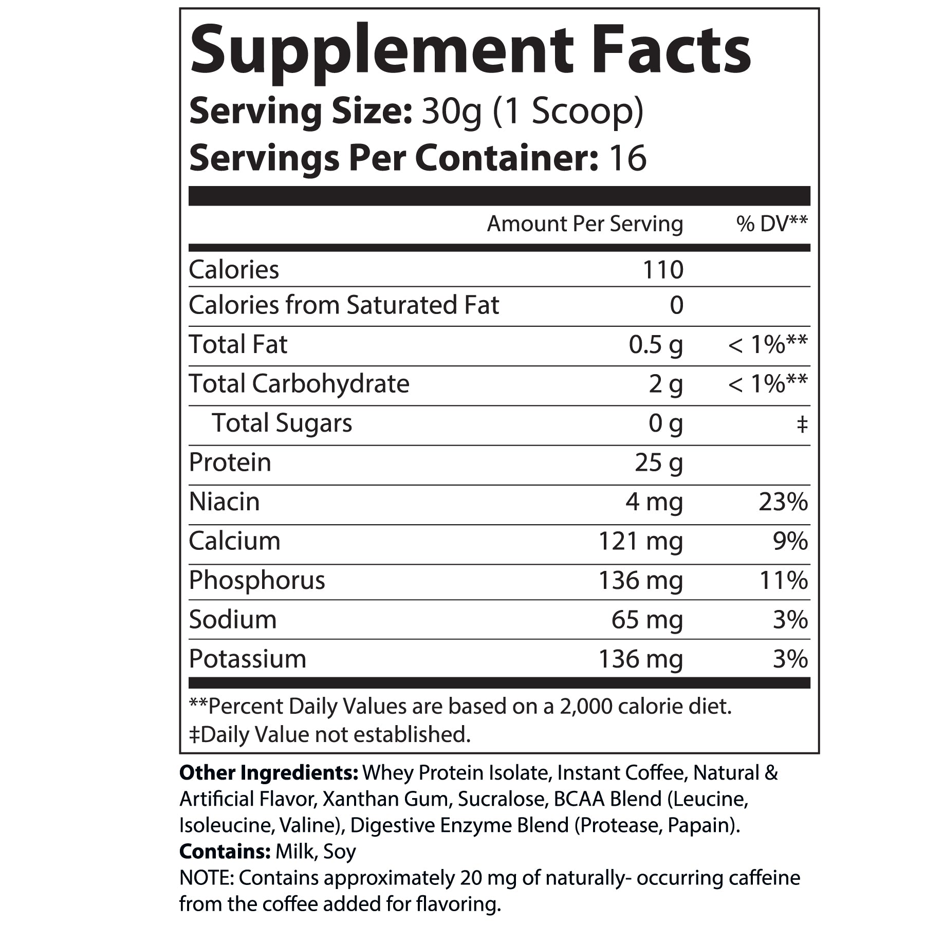 Virtrue cappuccino protein powder upplement facts label with nutritional information on a white background