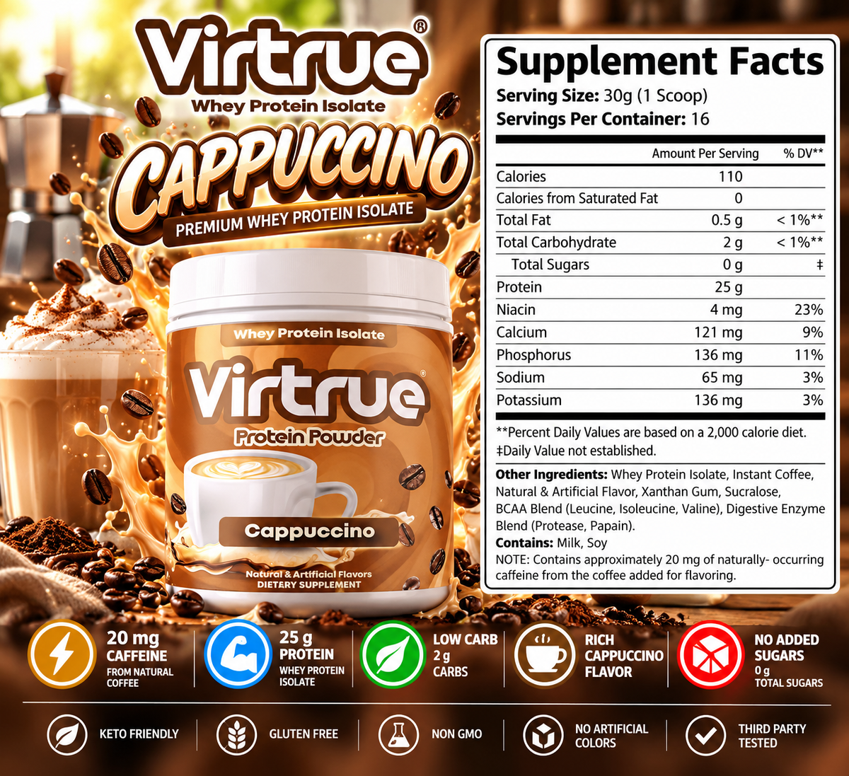 Virtrue Cappuccino Flavored Whey Protein Supplement Facts