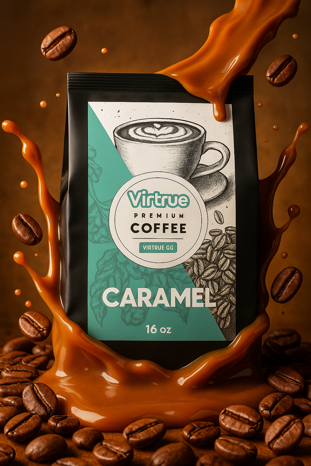 Virtrue Caramel coffee package with coffee beans and splashes on a brown background