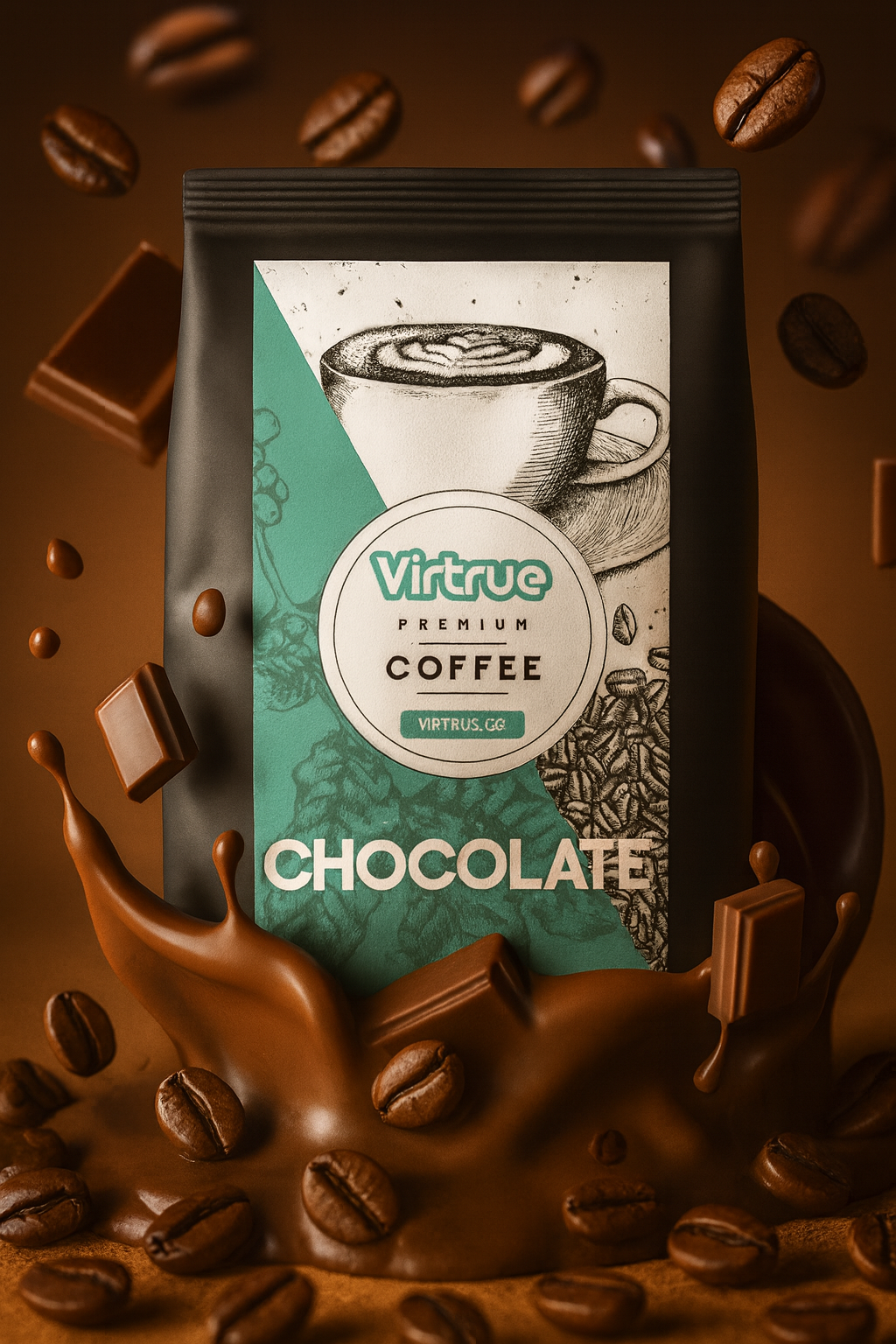 Virtrue Chocolate coffee package with coffee beans and chocolate pieces on a brown background