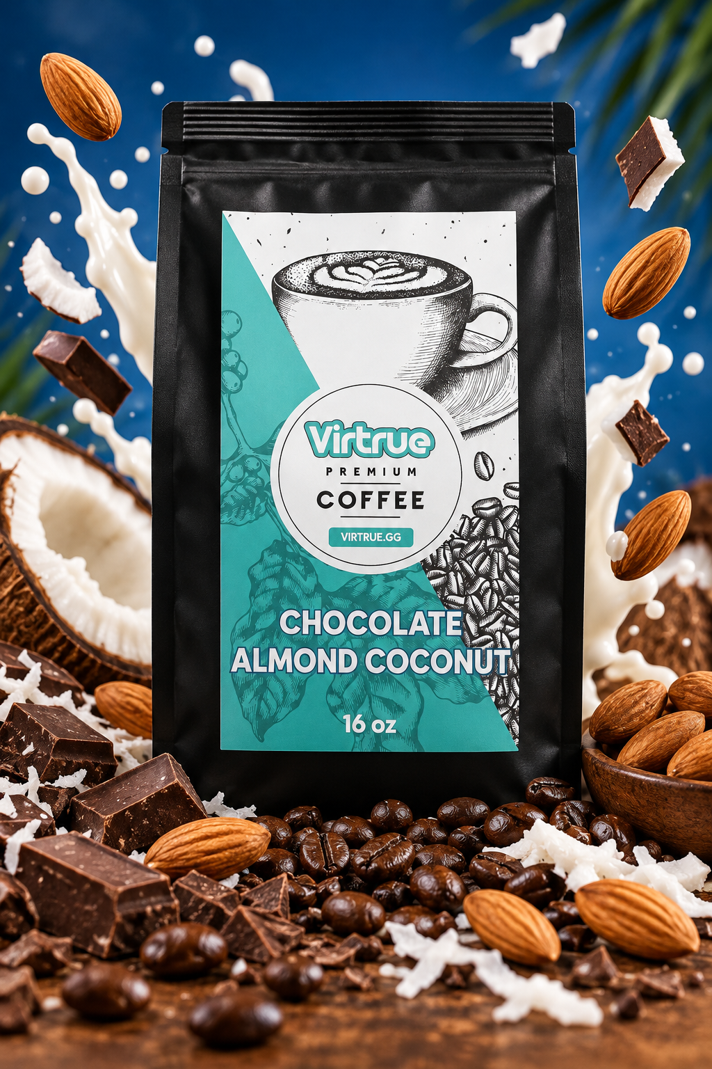 Virtrue Almond Joy Coffee package with almonds and chocolate on a blue background