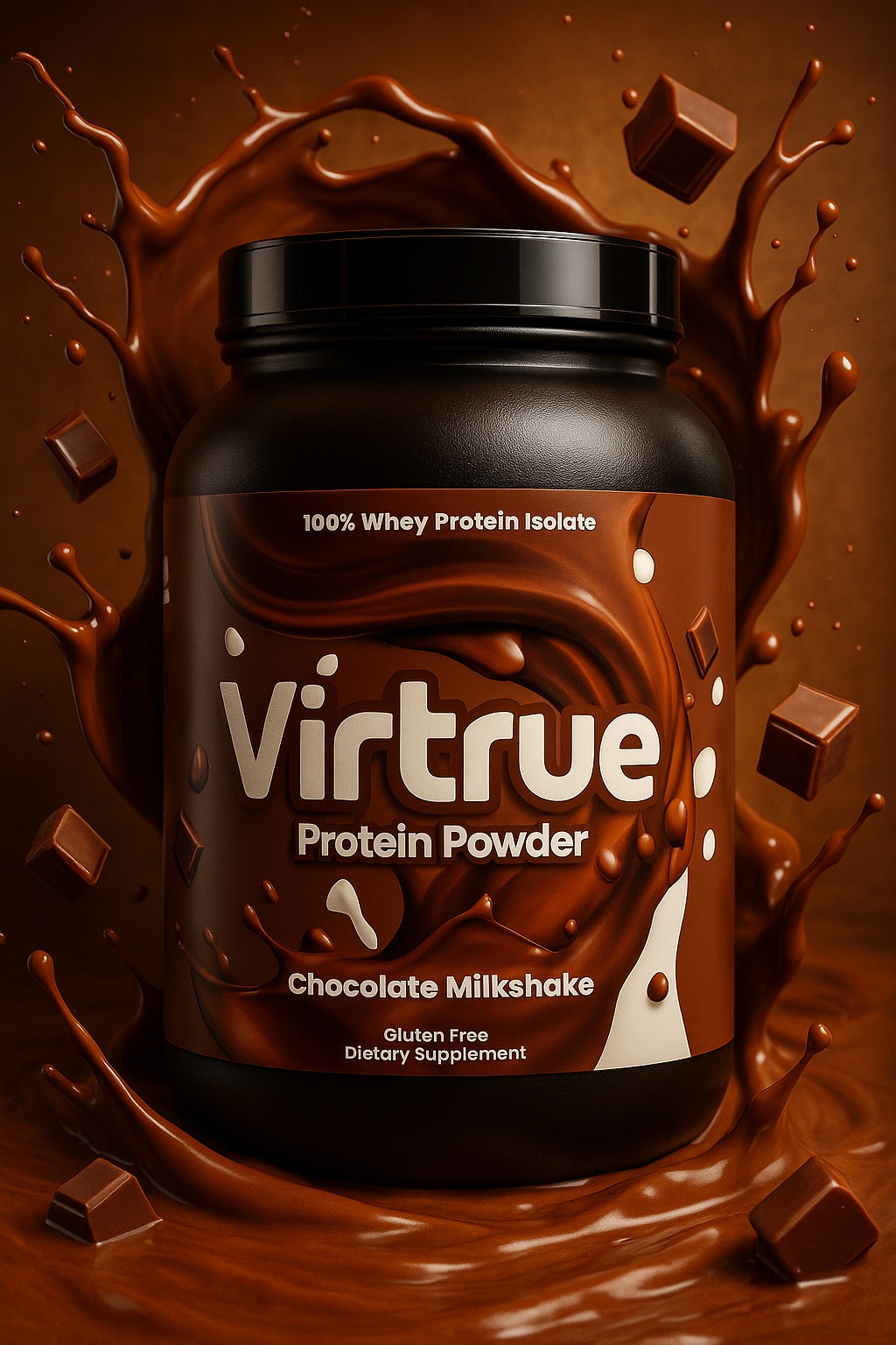 Virtrue Protein Powder container with chocolate milkshake flavor on a brown background