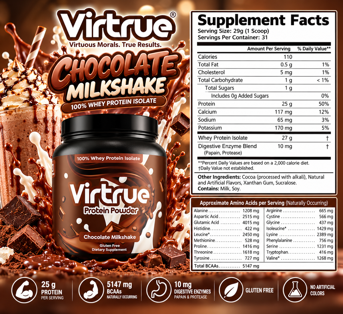 Virtrue Chocolate Whey Protein Isolate Supplement Facts