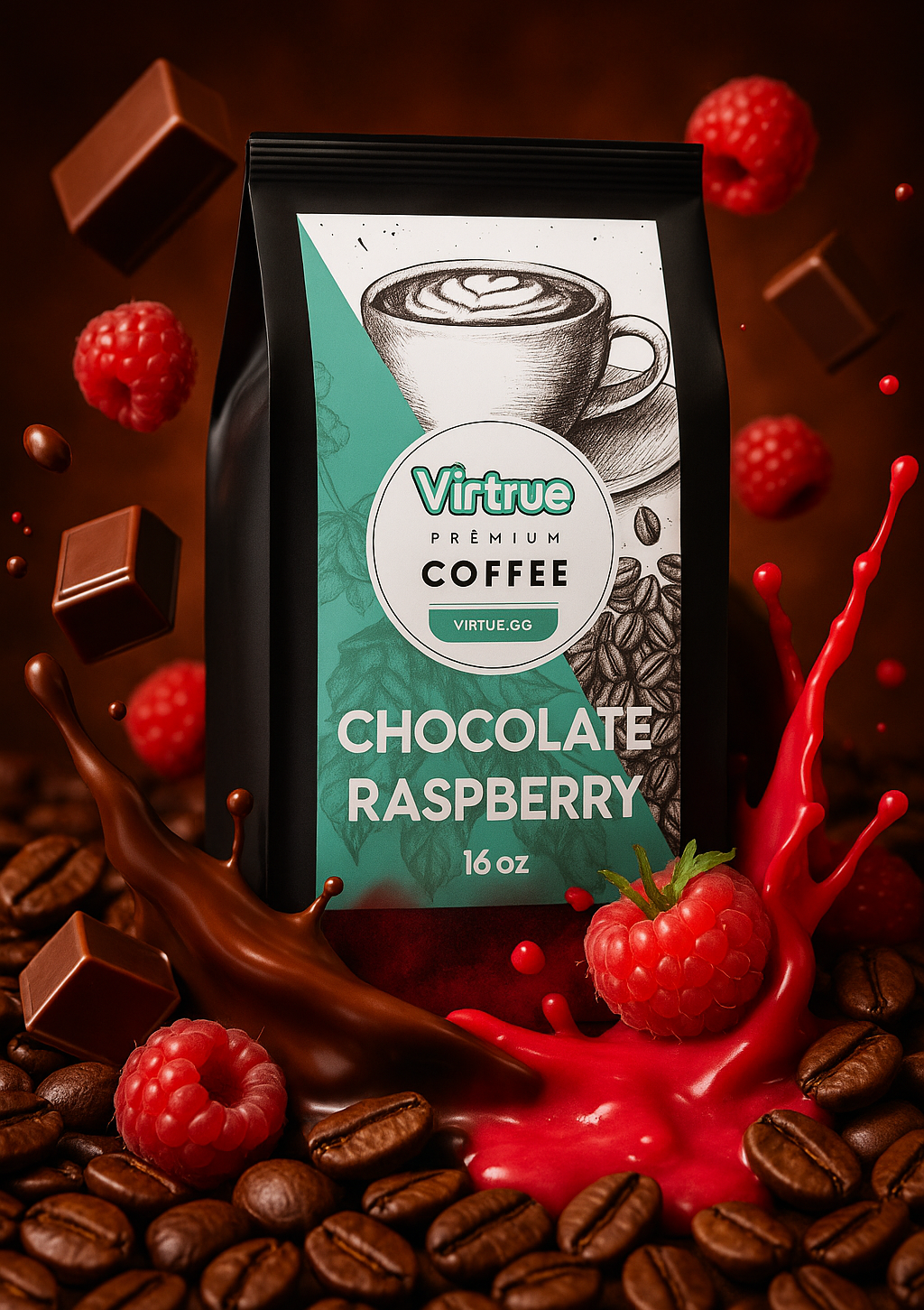 Virtue Chocolate Raspberry Coffee package surrounded by chocolate, raspberries, and coffee beans.