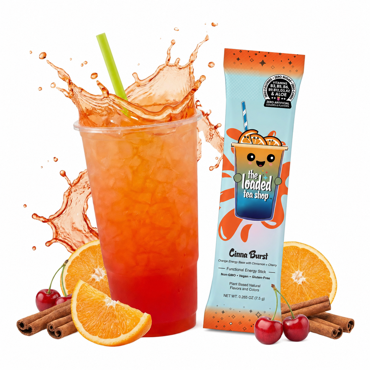 Loaded Tea Shop Cinna Burst energy drink mix packet with orange iced tea, cinnamon sticks, oranges and cherries