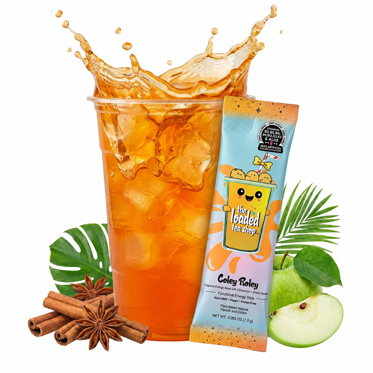 Loaded Tea Shop Coley Roley energy drink mix packet with orange iced tea, green apple slices and cinnamon sticks
