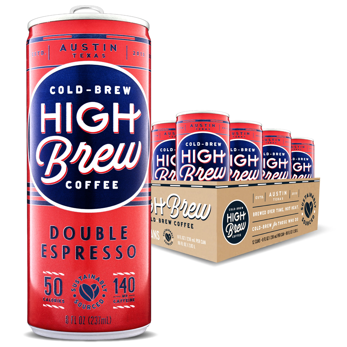 High Brew Double Espresso Cold Brew Coffee red can displayed with branded multipack packaging