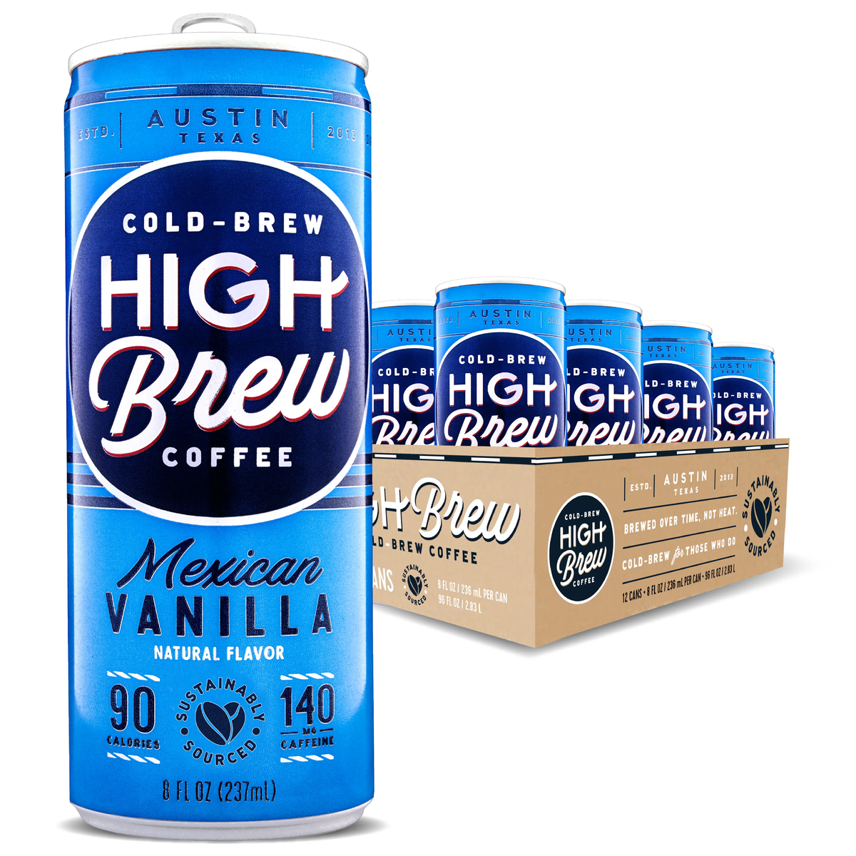 High Brew Mexican Vanilla Cold Brew Coffee can beside branded multipack packaging