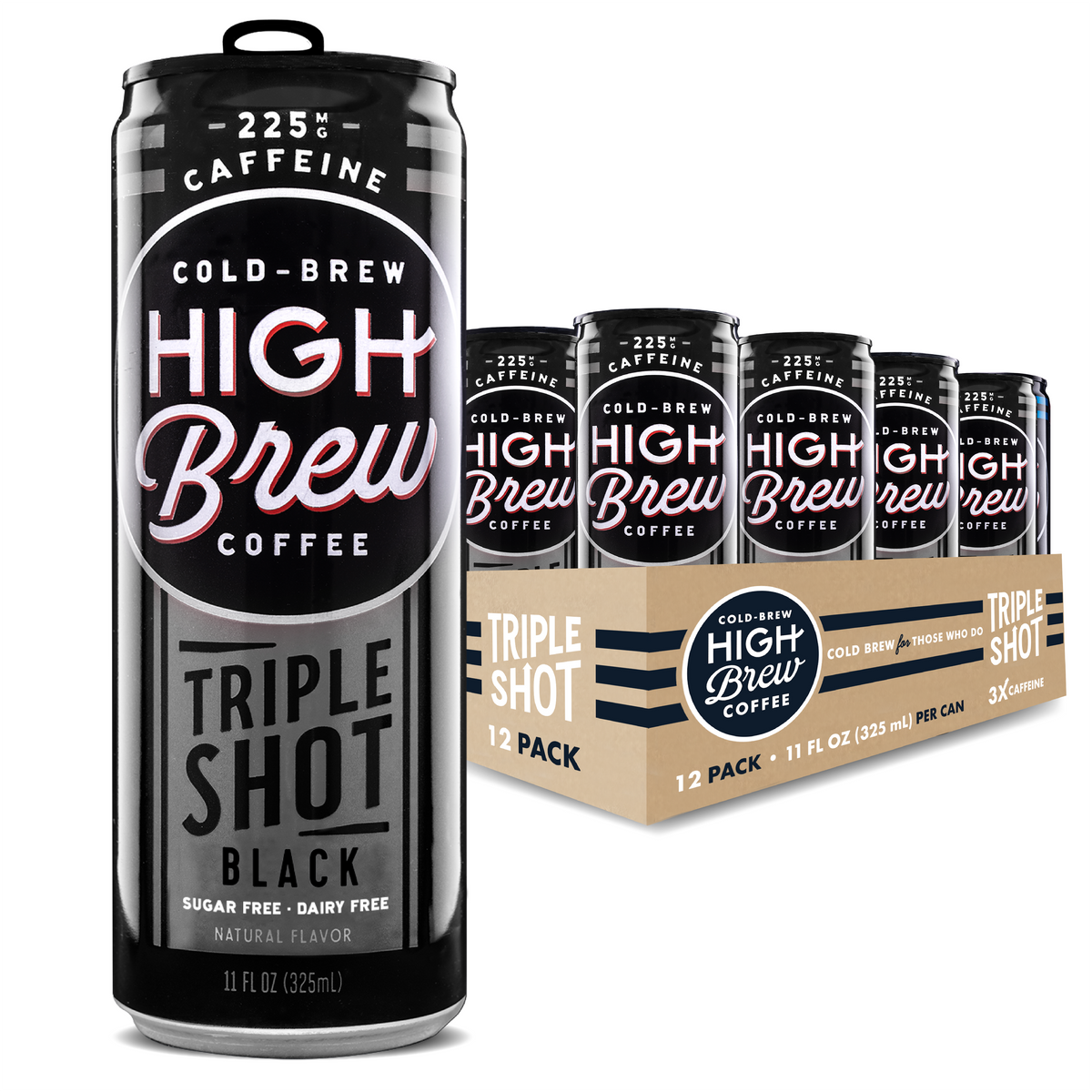 High Brew Black Triple Shot Cold Brew Coffee can with branded multipack case packaging