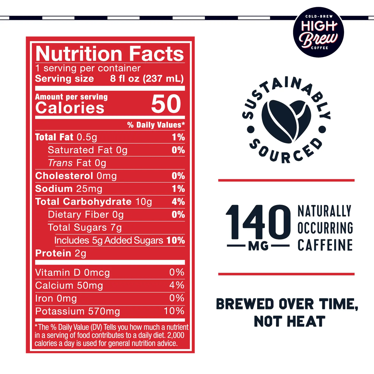 High Brew Double Espresso nutrition facts showing 50 calories, 7g sugar and 140mg caffeine