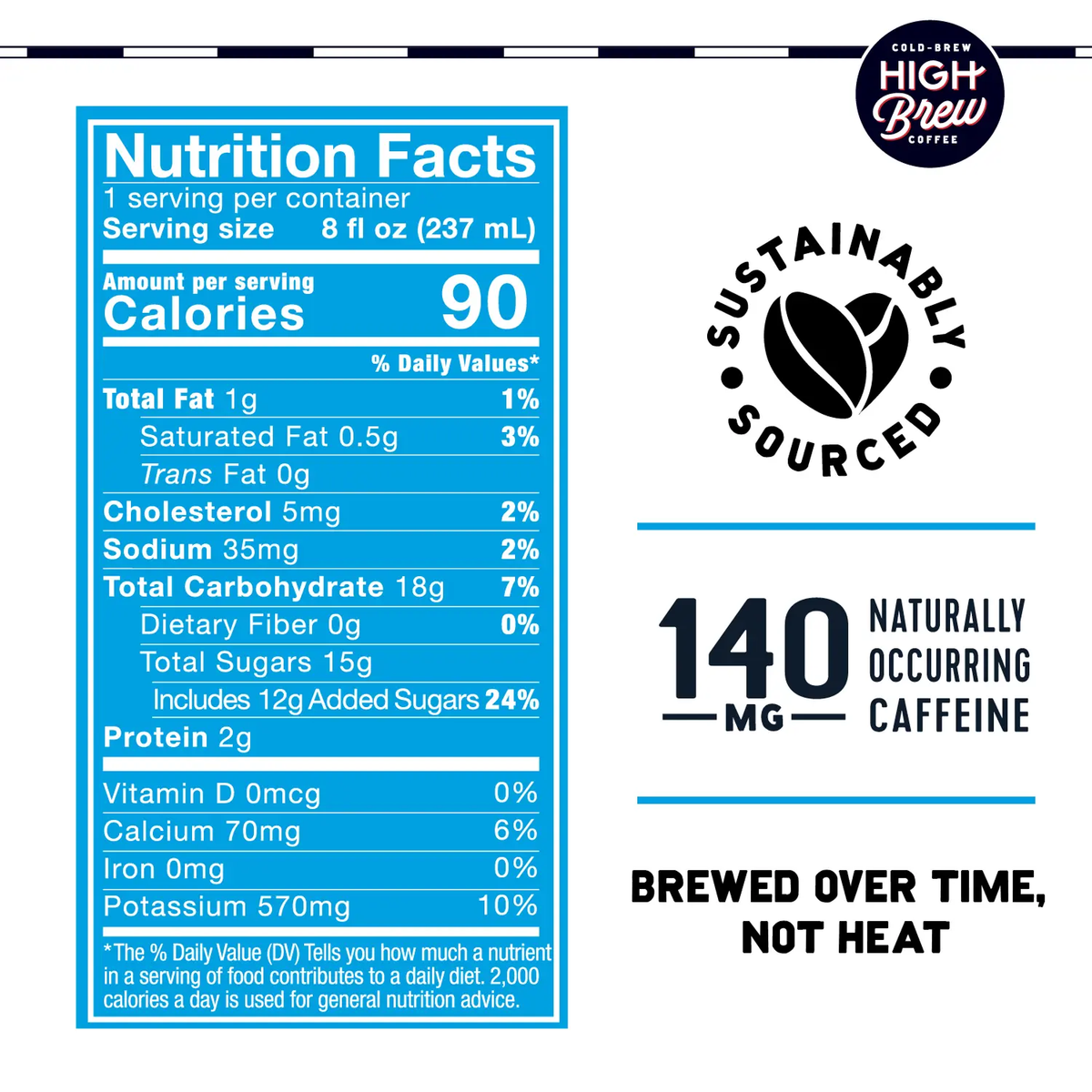 High Brew Mexican Vanilla Cold Brew nutrition facts showing 90 calories and 140mg caffeine per 8oz can