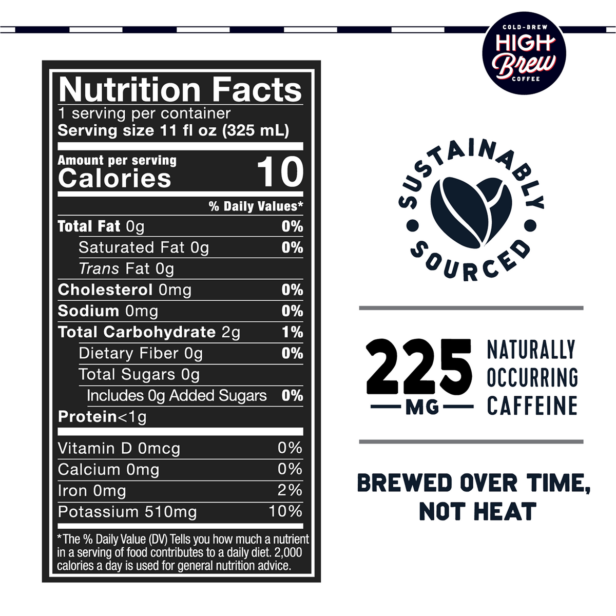 High Brew Black Triple Shot nutrition facts showing 10 calories, zero sugar and 225mg caffeine per 11oz can