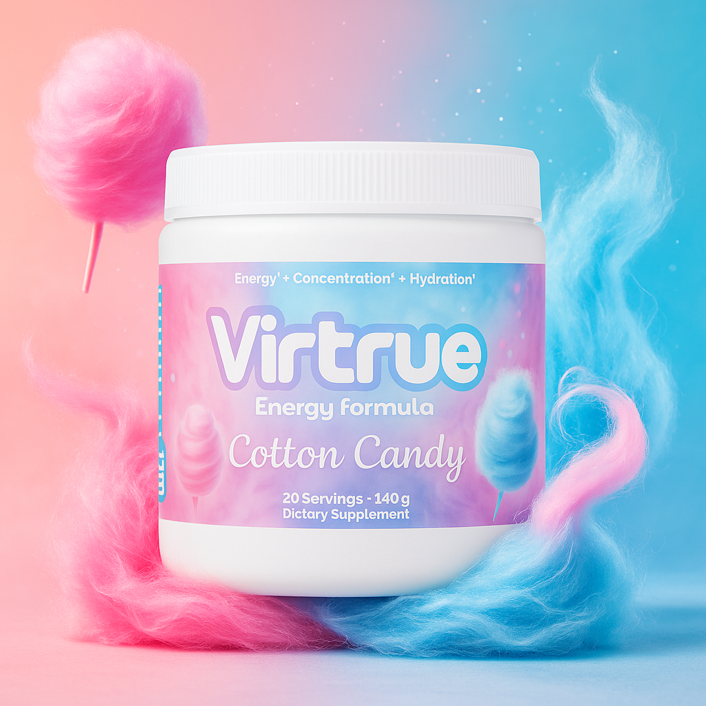 Virtrue Cotton Candy supplement jar with cotton candy-themed design on a colorful background