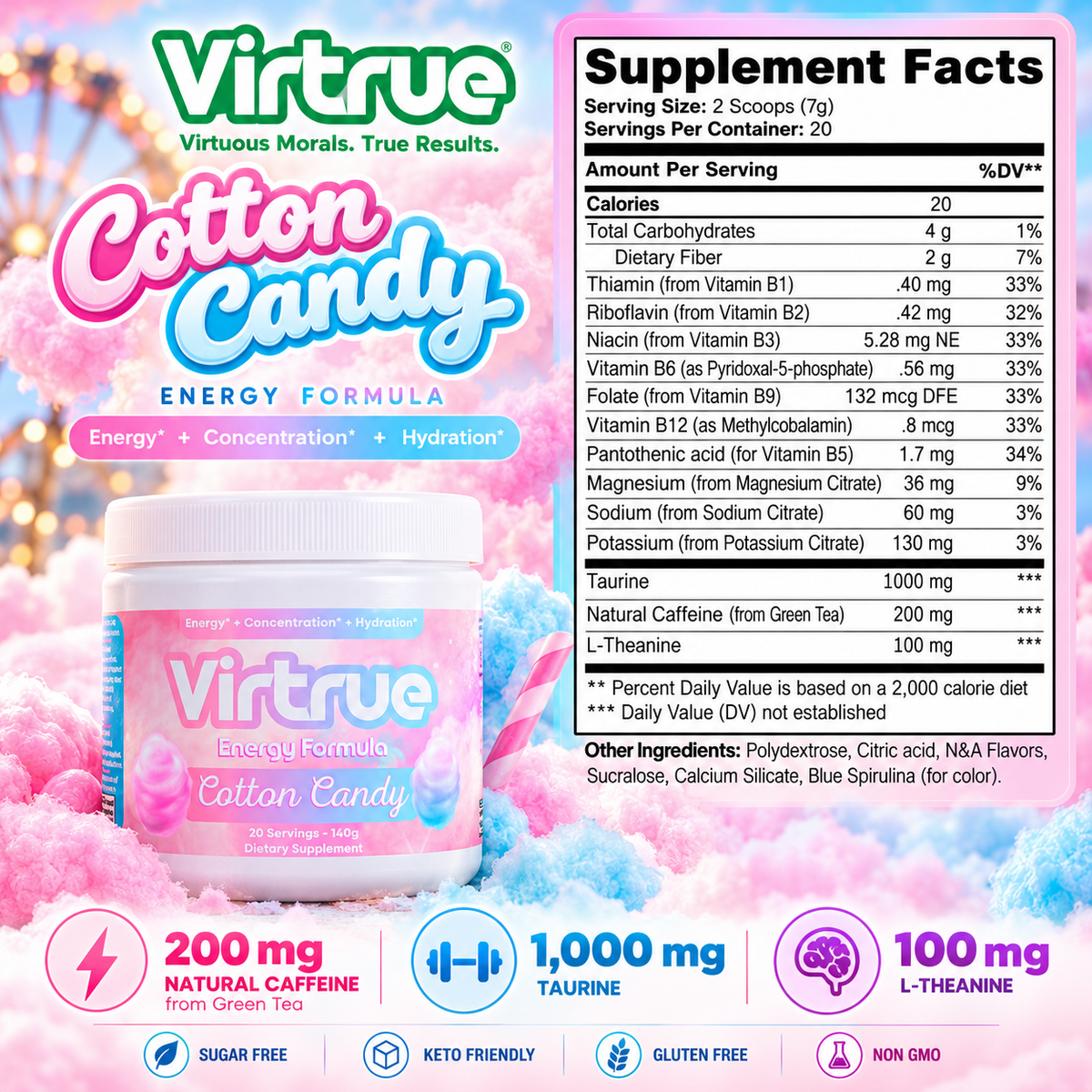 Cotton Candy Pre-Workout Energy Powder + Focus Boost & Hydration | Sugar Free