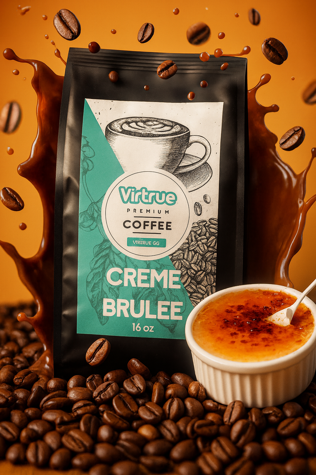Virtrue Creme Brulee Coffee package with coffee beans and creme brulee on a brown background